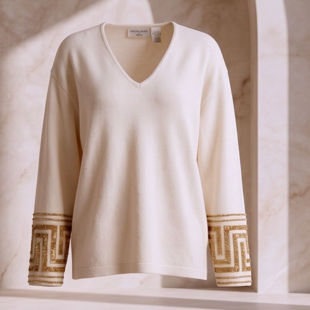 Vintage Carlos Arias‎ SSG Cream Cotton V-Neck Gold Bead Cuff Sweater L Hong Kong